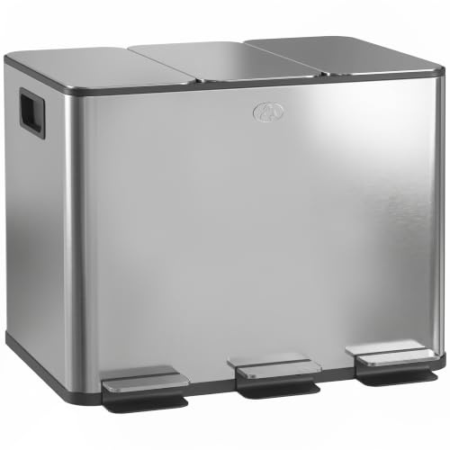 HOMCOM Triple Kitchen Bin 3 x 20L Pedal Bin Stainless Steel Silver Tone | Three Compartment, Removable Inner Buckets, Soft Close Lid, Fingerprint-Proof, for Recycling and Waste