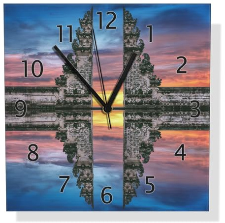 Wallario Design Wanduhr Tempeltor im Sonnenuntergang aus Aluverbund, Alu-Uhr Größe 30 x 30 cm, Schwarze Zeiger mit Metalloptik