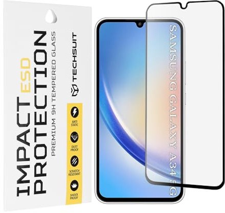 Techsuit Displayschutzfolie für Samsung Galaxy A34 5G Gehärtetes Glas mit Antistatisch, Staubabweisend, Vollständige Abdeckung, Stoßschutz, Oleophobe Beschichtung, Anti Fingerabdruck, Blasenfrei, ESD