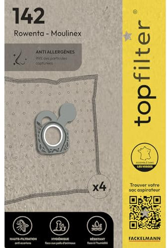 TopFilter 64142 Lot de 4 sacs aspirateur Rowenta et Moulinex, sac aspirateur, poche aspirateur, accessoire aspirateur, Non tissé polypropylène, Plastique, 30 x 26 cm