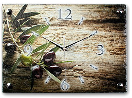 Designer-Wanduhr aus Stein (Keramik) Größe ca. 35x25cm mit flüsterleisem Uhrwerk (Oliven-Zweig, leises Funkuhrwerk)