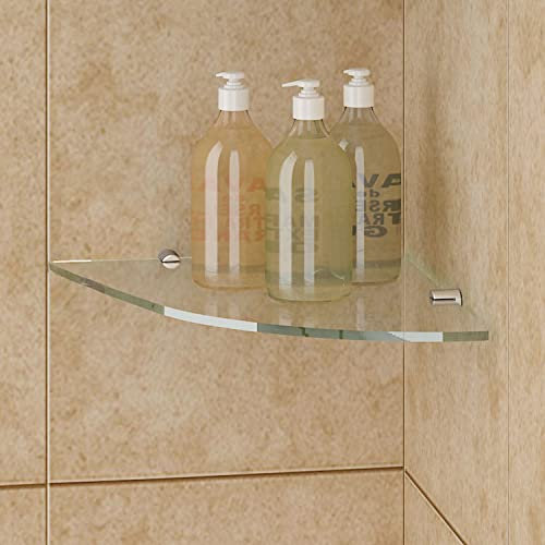 SIRHONA Étagères d'angle en verre trempé 8MM pour salle de bain 2 fixations chromées Étagère en Verre Murale Triangulaire 312 x 255 mm pour Chambre à Coucher, bureau avec supports de fixation chromés