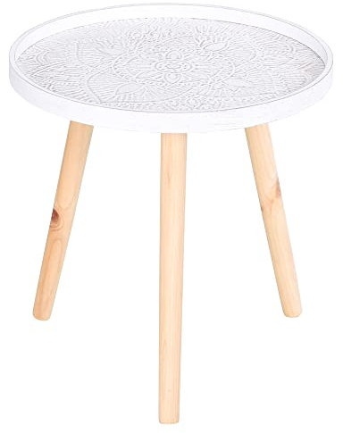 HOMCOM Coffee Table, Carved Floral Round Table with Tray-style Top and Wood Legs, Modern Side Table for Living Room, White