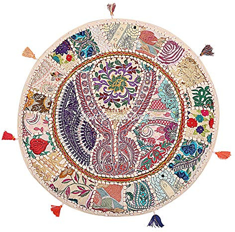 Stylo Culture Ethnisch Dekorativ Rund Bodenkissenbezug 70x70 cm Groß Stuhlkissen Vintage Weiß Boho Patchwork Sitzsack Bodenkissen Baumwolle Bestickt Bodenkissen Draußen