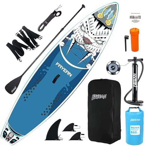 FAYEAN Inflatable Stand Up Paddle Board 10.5' x 33''x 6'' Thick Round Board Includes Pump, Paddle, Backpack, Coil Leash Waterproof Case Tiger (Blue)