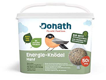 Donath Energie-Knödel Hanf im Bio-Netz - Meisenknödel im Bio-Netz - 100g je Knödel - mit Einer Extraportion Hanfsamen - Ganzjahres Wildvogelfutter - unsere Manufaktur in Süddeutschland - 50er Eimer