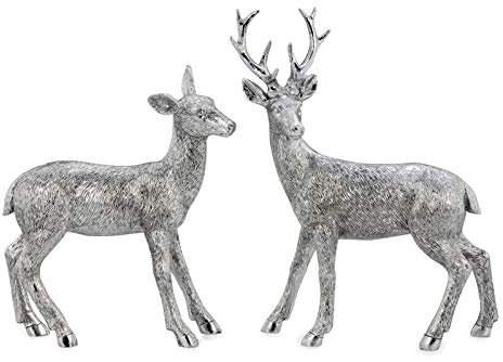 Kleine stehende Kunststein Deko Hirsch Figur Paar - silbern glänzende Jagdfigur mit Geweih - Weihnachts-Deko zum Hinstellen