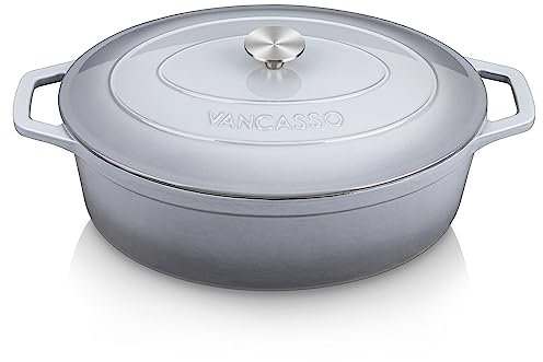 vancasso Gusseisen Topf, Gusseisen Bräter mit Deckel, Bräter Oval 8L Ø 37cm Emaille Cocotte, Induktion Schmortopf, Kasserolle, Gussbräter für Alle Herdarten und Induktion Geeignet,Grau