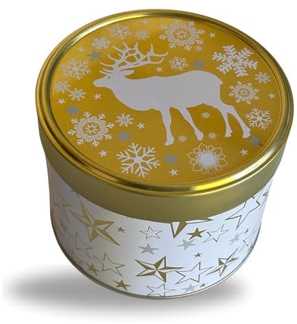 runde Lebkuchendose Rentier Gold - wunderschöne Dose mit Sternen, Deckel mit Motiv Rentier - lebensmittelecht - Aufbewahrungsdose, Keksdose, Blechdose - ø x Höhe: 11,7 x 9,0cm - Vol. ca. 0,95L