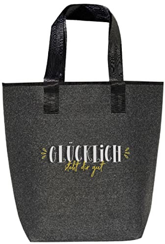 Filztasche grau Glücklich steht dir gut anpassbar Shopper-Damen Schlüsselfach Reißverschluss liebevolles Design Größe 44x26cm Filztasche Handtasche Einkaufstasche
