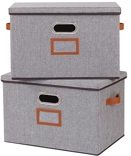 OUTBROS Aufbewahrungsbox mit Deckel und Griff, 45 x 30 x 30 cm Faltbarer Aufbewahrungsbox aus Stoff Aufbewahrungskörbe mit Etikettentasche, Grau 2 Stück