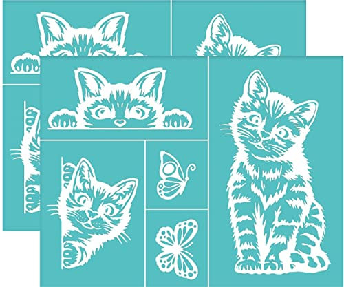 OLYCRAFT 2 Stück 28x22cm Selbstklebende Siebdruck Schablonen Katzen Schmetterlings Schablonen Frühling Wiederverwendbare Mesh Schablonen Transfer für DIY T Shirt Stoff Malerei Heimdekoration