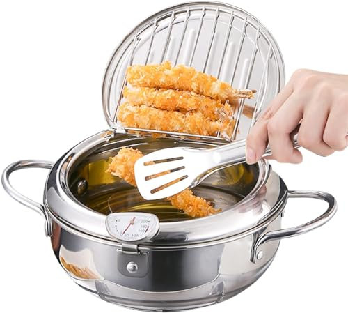 LIZEALUCKY Freidora de Acero Inoxidable, freidora de Estilo japonés Freidora Tempura con termómetro y Estante de Drenaje por Goteo, Compatible con Cocina de inducción(20cm)