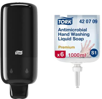 Tork Seifenspender für Schaumseife und Schaum-Händedesinfektion, Elevation - 561508 - schwarz + Tork antimikrobielle Flüssigseife zur Händedekontamination S1, dermatologisch getestet, 6 × 1.000 ml