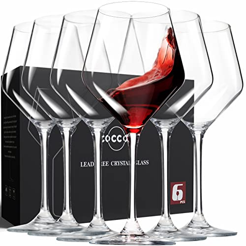 coccot Set di 6 bicchieri da vino bianco e rosso, in cristallo trasparente di alta qualità, senza piombo, soffiati a mano, stile italiano, bordeaux, a stelo lungo, confezione regalo (473,6 g,