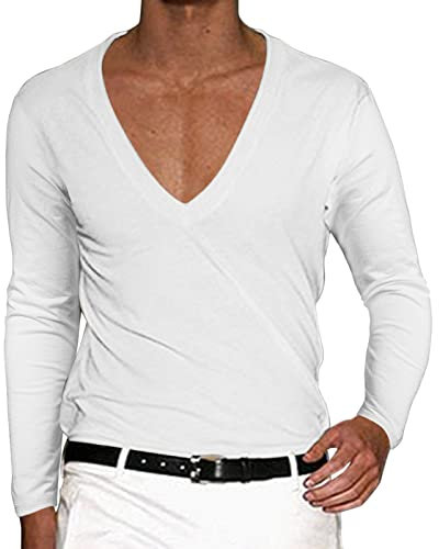 Caxndycing Camiseta de Manga Larga para Hombre con Cuello de Pico Profundo, Monocolor, Cuello en V, Ajustada, Blanco, L