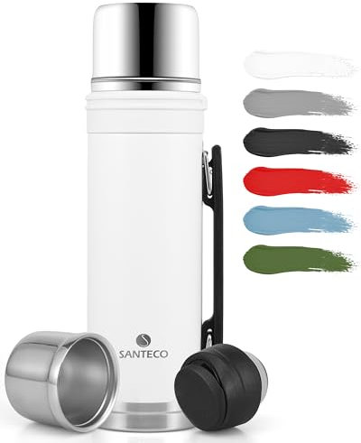 SANTECO Large Vacuum Flask 1000ml/34oz Water Bottle, Durable Food Grade 18/8 Stainless Steel White Drink Flask with BPA-Free, Keep Contents Warm for 12h, Cold up to 24h for Hiking, Camping