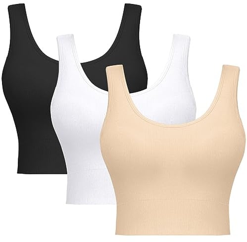 SIMIYA Women Seamless Sports Bra Wireless Compression Bra Without Pading Comfort Yoga Crop Tops Vest for Running Sports Fitness(Beige+Black+White,L)