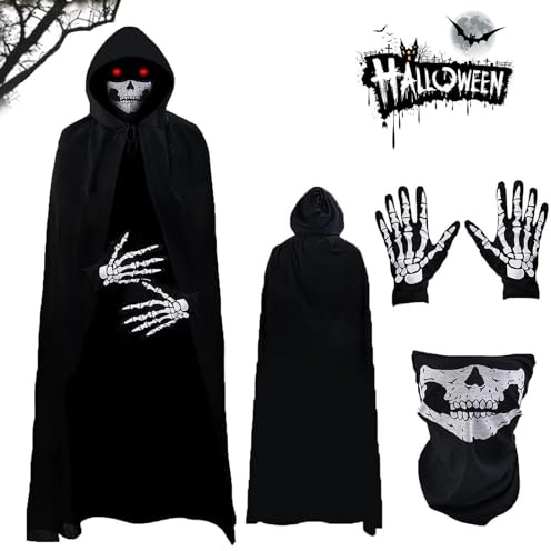 Otcmuky Halloween Grim Reaper Suit,Grim Reaper Costume Adult with Skeleton Mask,Gloves and Sickle,Grim Reaper Cloak with Hood for Halloween Party Fancy Dress Costume (1 Set Black)