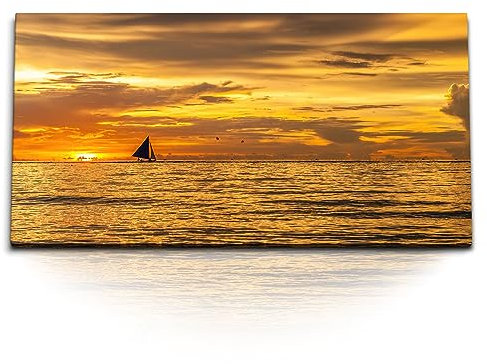 Paul Sinus Kunstdruck Bilder 120x60cm Segelboot Horizont roter Himmel Sonnenuntergang Meer