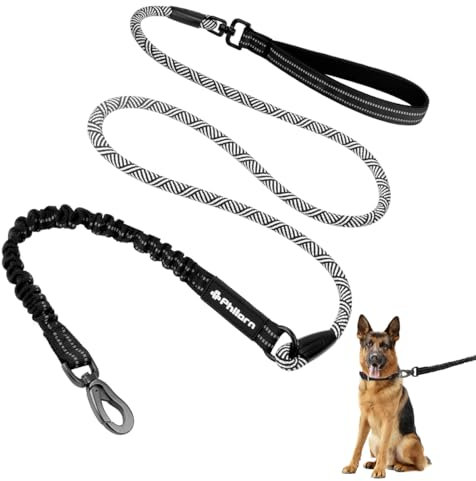Philorn Dog Lead for Large Dogs Heavy Duty 2m Rope Dog Lead for Training with Reflective Threads, Bungee and Padded Handle for Medium Small Dogs (1.2cm, Black)