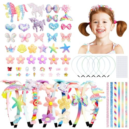 Anyfirst 6-Stück Bastelset Kinder Haarreifen Mädchen, Meerjungfrauen Haarreif Selber Machen Kinder, Geschenke für Haarschmuck Mädchen, Geburtstagsgeschenk für 5 6 7 8 9 10 Jahre Mädchen（Einhorn）