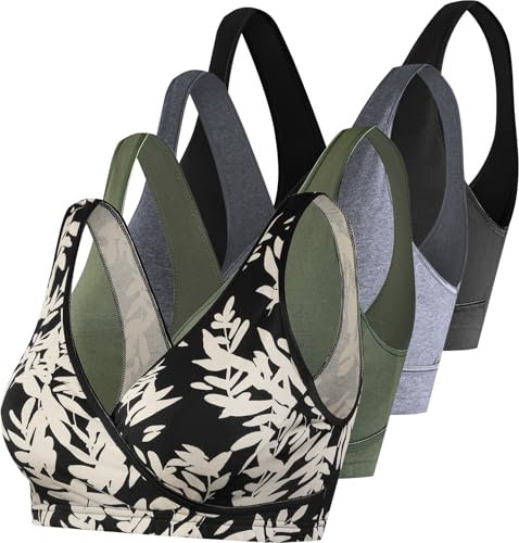 SUIEK 4er-Pack Still-BHs für den Schlaf, Schwangerschafts-BHs, Bralette, Stillen, Komfort-Baumwoll-BHs, Schwarz/Blatt/Dunkelgrau/Armeegrün, 4 Stück, Medium