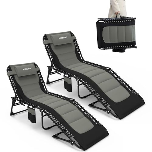 WKFAMOUT 2er Set Sonnenliege Klappbar Gartenliege 5 Verstellbarer Rückenlehne Outdoor Faltbar Dreibeinliege Strandliege Campingbett bis 120KG mit Kissen Seitentasche 190x59CM Grau