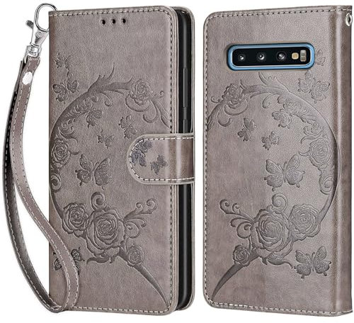 Handyhülle für Samsung Galaxy S10 Hülle, Samsung S10 Hülle, Premium Leder Flip Klappbare Stoßfeste Magnetische [Standfunktion] [Kartenfächern] Schutzhülle Tasche - Grau Blumen