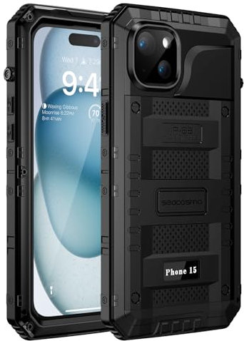 seacosmo for iPhone 15 Case, IP68 Waterproof Shockproof Tough Armour Heavy Duty Metal Cover with Built-in Screen Protector, Full Body Sealed Protective Phone Case for iPhone 15 - Black