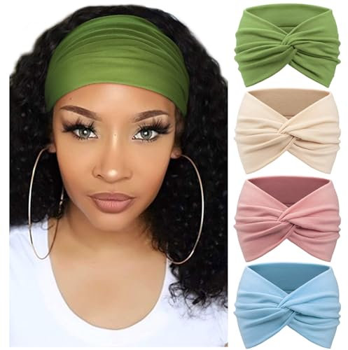 DRESHOW 4 Stück Damen Stirnband Elastische Weiche Stirnbänder Kopfband Haarband Kopf Wickeln Niedlich Haarschmuck für Alltag Yoga Sport Fitness