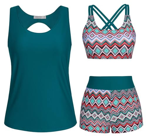 JASAMBAC Damen Tankini-Set, Bauchweg, 3-teilig, Push-Up-Bikinioberteil, High Waist Badeshorts, Einfache Badebekleidung, Sport-Badeanzug, Schwimmbad, Strand, Türkis, S