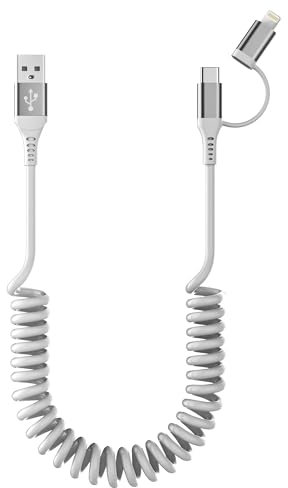 Cable USB C y Lightning 2en1 en Espiral para iPhone 15[MFi y 3A y Datos] USB A a USB C Lightning Carplay y Android Auto Cable de carga corto para iPhone 15/14/13/12/11/Android/Huawei/Galaxy Blanco
