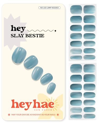 Heyhae Semi Cured Gel Nail Strips - Hey, Slay Bestie | Blue Jelly | Sun Cured No UV Light Needed, Salon Quality, Easy Apply & Remove | 28 Strips, Prep Pad, Nail File, Wooden Stick