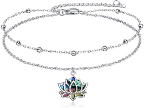 YFN Lotus Bracelet de cheville pour femme en argent sterling 925 avec fleur de lotus - Réglable - Pour l'été - Cadeau