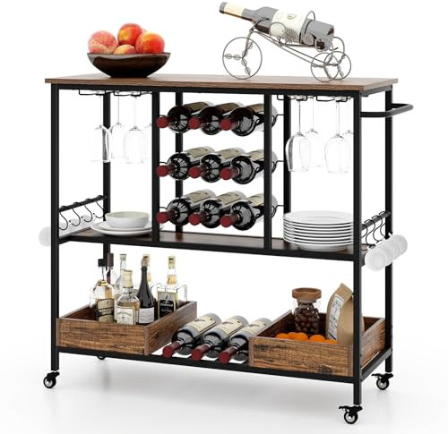 COSTWAY Kitchen Serving Trolley, 3-Tier Rolling Drinks Cart with 9-Bottle Wine Rack, Glass Holder, 2 Tray Box, Lockable Wheels, Hooks & Handle, Industrial Utility Home Bar Storage Cart (Rustic Brown)