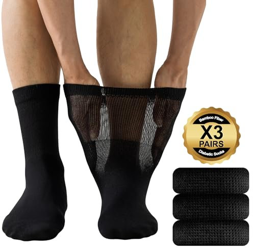 Niorasen Mens Extra Wide Loose Diabetic Socks, 3 Pairs Bamboo for Swollen Feet & Legs, Elastic Soft Top Breathable Seamless