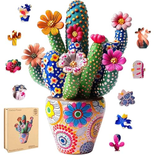 Mys Aurora Puzzle en bois – Fleur de cactus – Puzzle en bois de forme luxueuse pour adultes et enfants, jeu familial, 42 x 59 cm