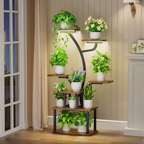 POZILAN 7 Tier Plant Stand with Grow Light - Corner Plant Stand Indoor Black Steel and Particle Board 15.5 Lbs 43 Inch