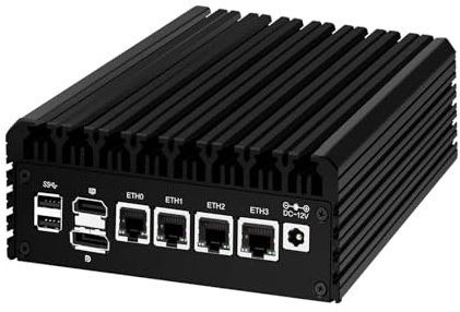 AIOPCWA Firewall Micro Appliance, 12th Gen Octa Core i3 N305 Fanless Mini PC, 4 x LAN i226V 2.5GbE, DDR5 32GB RAM 1TB M.2 NVMe SSD, Support Windows OPNsense, AES-NI, TF slot