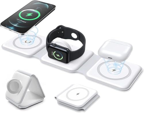 Foldable Travel Wireless Charger, 3 in 1 Magnetic Wireless Charging Station for iPhone 15/14/13/12 Series, Apple Watch Charger for iWatch 9/Ultra 2/Ultra/8/7/6/SE/5/4/3/AirPods 2/3/Pro(White)