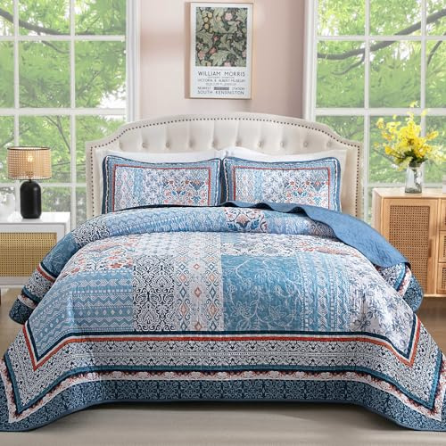 WONGS BEDDING Blaues Steppdecken-Set für Queen-Size-Betten, Bohemian-Patchwork-Tagesdecke, Überwurf-Set, wendbar, Boho-Blumenmuster, Tagesdecken, Bettwäsche-Set für alle Jahreszeiten (243,8 x 228,6 cm