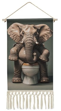 NTVOWPZO Poster zum Aufhängen, vertikaler Wandbehang, Elefant, der auf der Toilette sitzt, Wandteppich mit Quaste, personalisiertes Wandkunst-Poster, Schnörkelholz, dekorative Wandkunst für Zuhause,