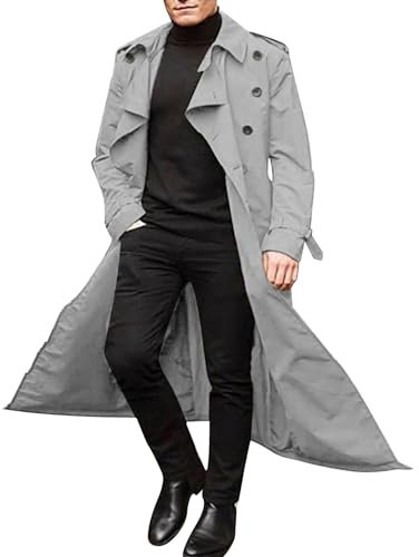 Trench pour homme grandes tailles, manteau mi-long classique manteau d'hiver élégant à la mode veste de loisirs coupe-vent mi-saison pour l'extérieur, travail, voyage, photo, gris, XL