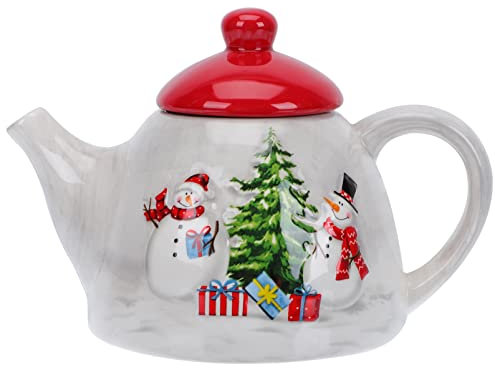 NUOBESTY 1pc Christmas Porcelain Teapot Xmas Ceramic Kettle with Christmas Tree Snowman Presents Pattern for Coffee Water Milk Home Table Decor