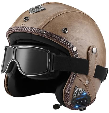 Bluetooth Retro PU Leder Jethelm Motorradhelm DOT/ECE Zertifizierung Scooter Helm Rollerhelm Herren Damen Mit Schutzbrille Offenem Halbschalenhelm Herausnehmbares Futter 5,XXL:63-64CM