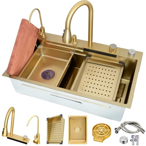 Fregadero de acero inoxidable de un solo tazón de 75x45 cm, fregadero de cocina nano estilo cascada, fregadero de estación de trabajo de gran capacidad con accesorios multifuncionales(B,75x45x22cm)