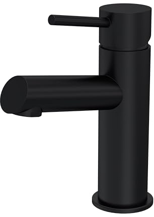 Balterley Bathroom Sink Taps, Mono Basin Mixer Tap with Push Button Waste, Single Lever Temperature Control Bathroom Tap, Round Body, Round Spout Taps - 52 x 149 x 166mm (Matt Black)