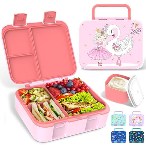 Anyiner Lonchera bento a prueba de fugas con múltiples compartimentos y tarro de salsa, caja de aperitivos portátil de sirena para niños y adultos, escuela de trabajo, ballet de cisne rosa