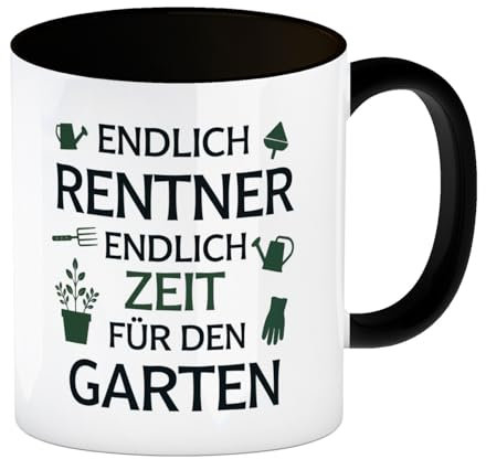 speecheese Endlich Rentner - ZEIT FÜR DEN GARTEN Kaffeebecher in schwarz zum Ruhestand Mit Blumentopf Gießkanne Gartenhandschuhe für Gartenliebhaber
